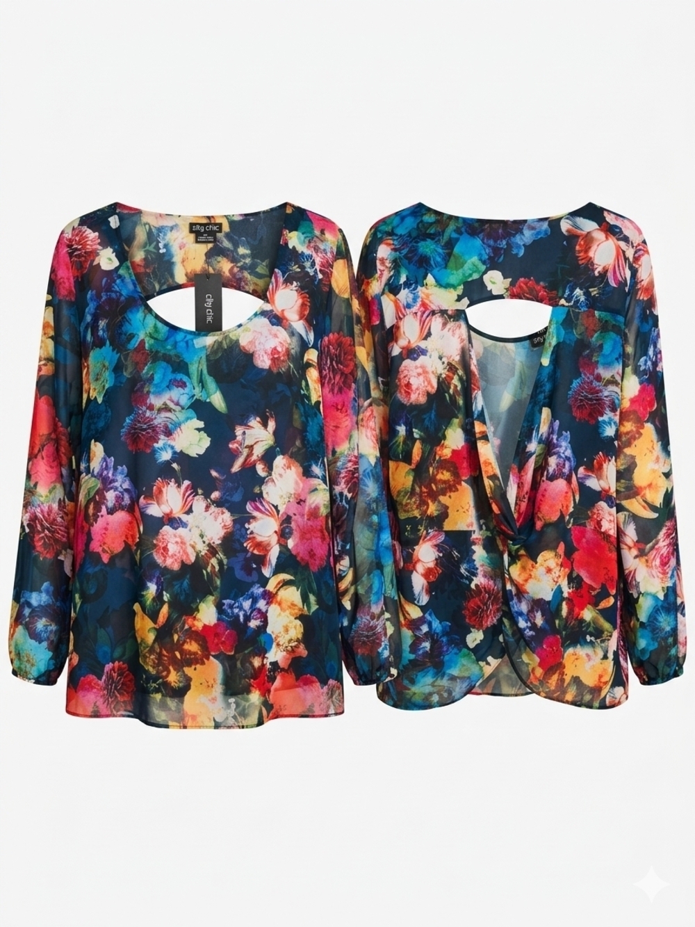 City Chic Navy Floral Keyhole Blouse